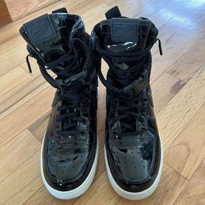 Nike Future is Female Air Force One High SF black patent 9 women’s sneakers hi